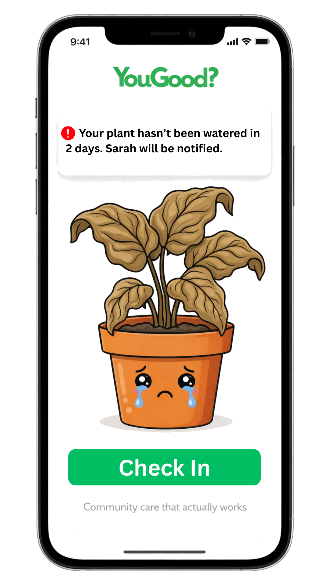 YouGood app showing wilted plant after missed check-in
